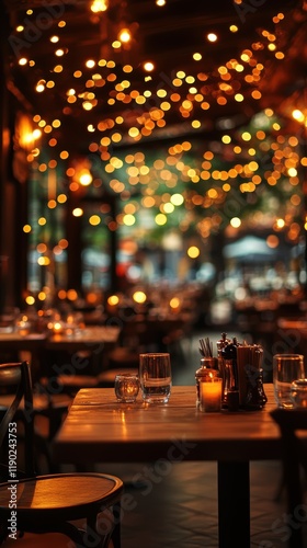 A cozy restaurant interior with abstract blurred lights, creating a warm, inviting atmosphere and soft light reflections