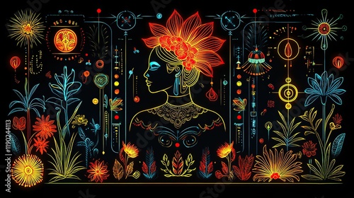 A vibrant line art illustration showcases Mexican symbols and icons in an elegant pattern against a black background, capturing the essence of Mexican folk art