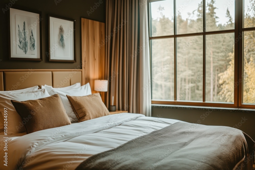 Serene Bedroom with Forest View: Cozy Interior Design Serene Bedroom with Forest View: Cozy Interior Design