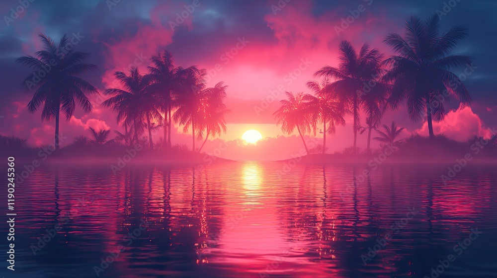 A vibrant neon-themed scene with palm trees reflected on water, lit up by a retro wave light show in red and blue A vibrant neon-themed scene with palm trees reflected on water, lit up by a retro wave light show in red and blue