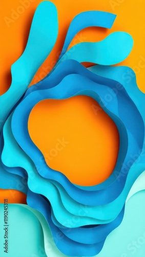 Colorful abstract watercolor background with wave-like texture and light orange, yellow, and blue paint drops photo