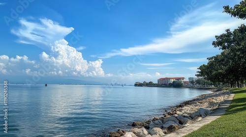 Coastal Serenity: Stunning Ocean View with Clouds and Buildings photo