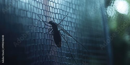 Mosquito on Insect Net Wire Screen Close-Up for Insect Protection and Health photo