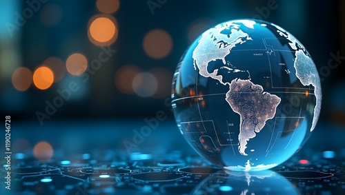 Glass globe, world map, North America, transparent sphere, books, digital circuitry, futuristic, high-tech, global connectivity, education concept.