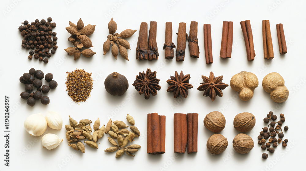 An assortment of exotic spices like cardamom, nutmeg, and cloves, used in Indian and Middle Eastern desserts to add a warm, sweet, and spicy flavor profile. An assortment of exotic spices like cardamom, nutmeg, and cloves, used in Indian and Middle Eastern desserts to add a warm, sweet, and spicy flavor profile.