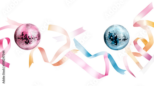 PNG Coquette disco ball watercolor ribbon black. style watercolor, isolated on white photo