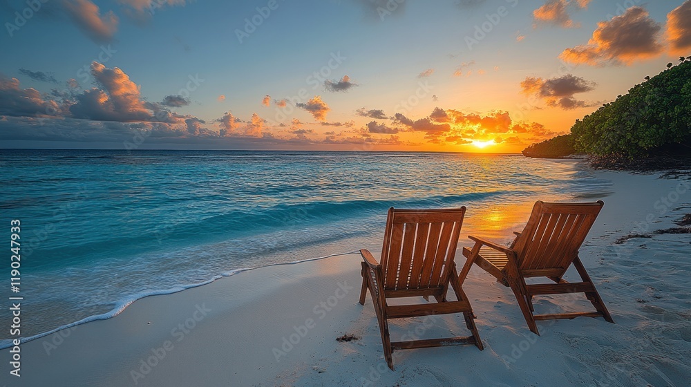 Two wooden chairs on a sandy beach at sunset, facing the ocean. Two wooden chairs on a sandy beach at sunset, facing the ocean.
