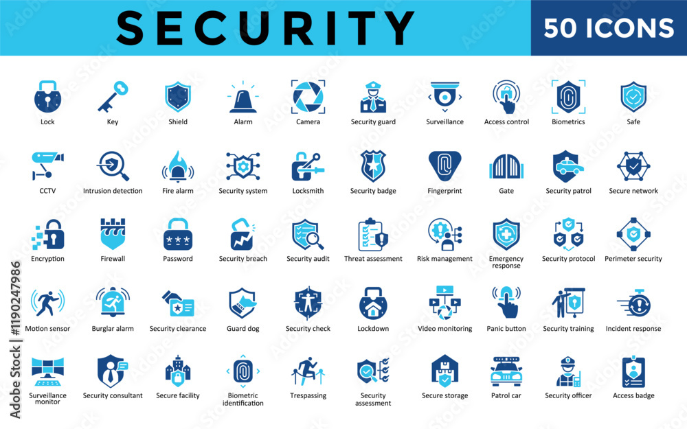Security icons set with lock, key, shield, alarm, camera, security guard, surveillance, access control, biometrics, safe icon. Simple flat vector 
