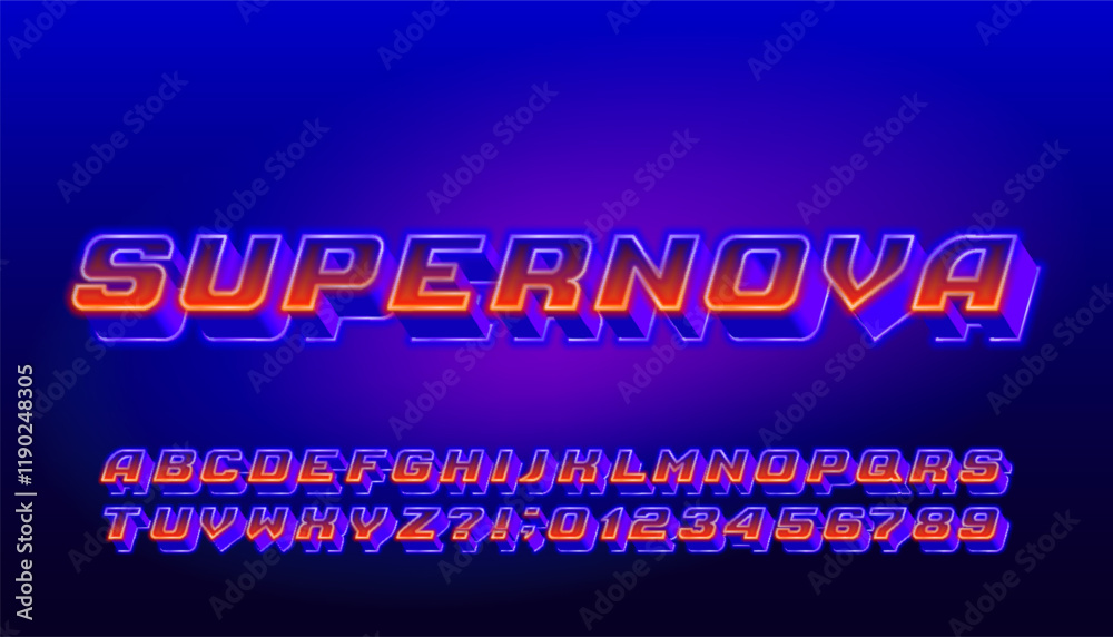 Naklejka premium Supernova alphabet font. Bright neon 3d letters and numbers. Stock vector typeface for your design.