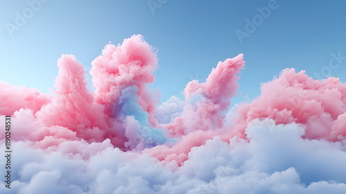 Dreamy pink and blue clouds under a clear sky, with soft tones creating a romantic and serene ambiance. Perfect for background designs and creative projects.