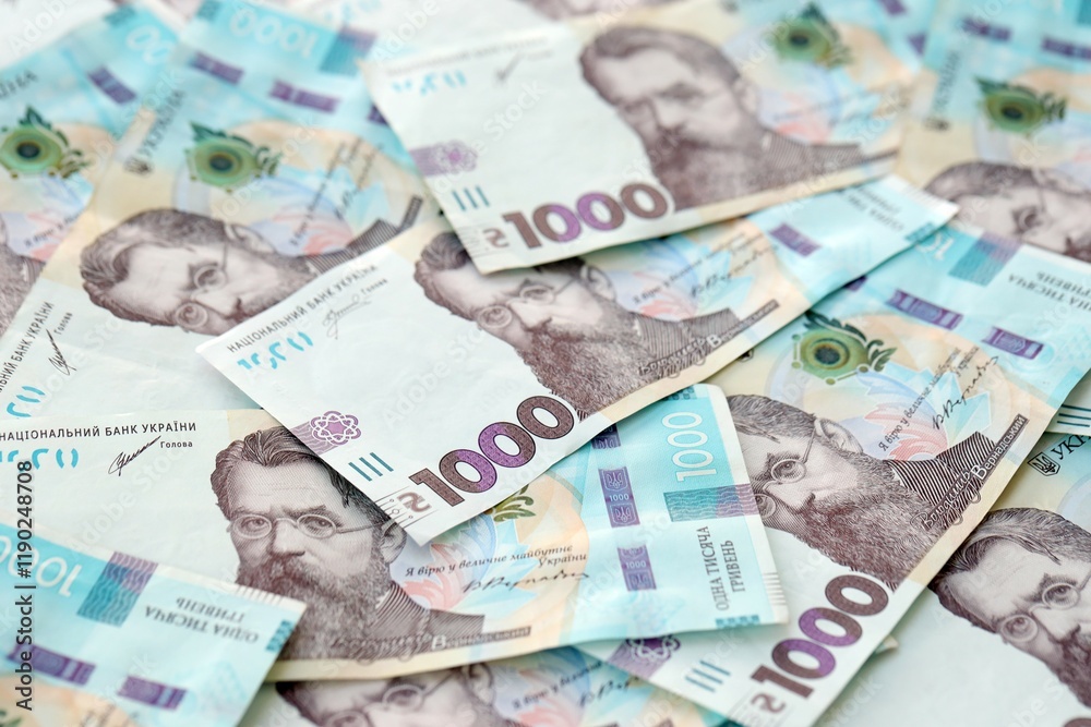 Big amount of ukrainian new one hundred hryvnia money bills with modern design. Financial concept, business Big amount of ukrainian new one hundred hryvnia money bills with modern design. Financial concept, business