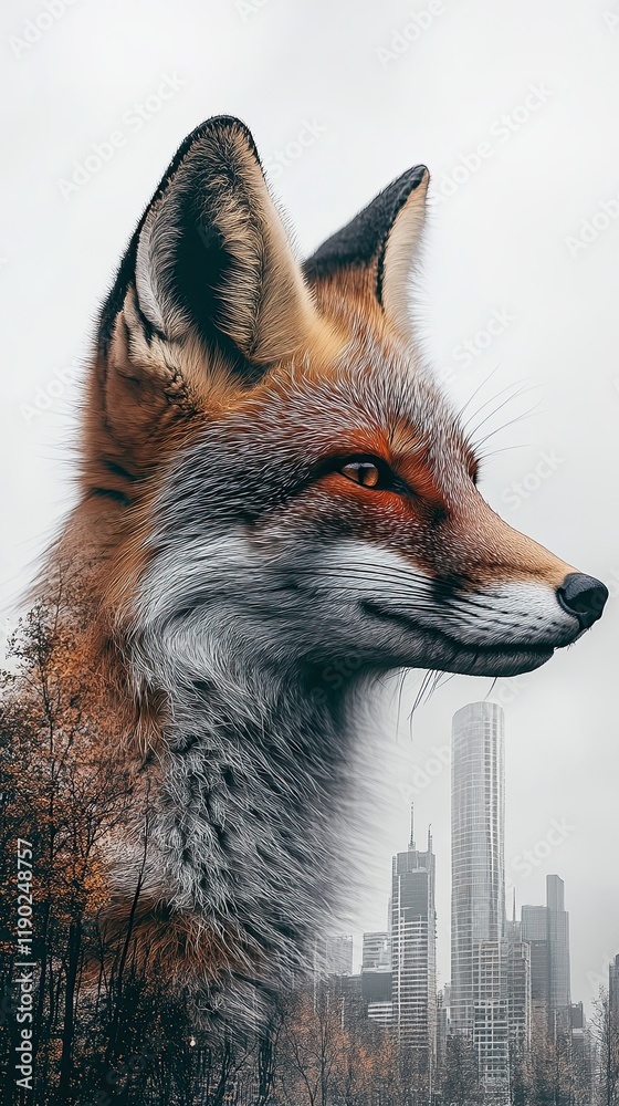 Fototapeta premium Business fox entrepreneurs, Majestic Fox Featuring City Skyline with Blurred Urban Background and Forest Elements