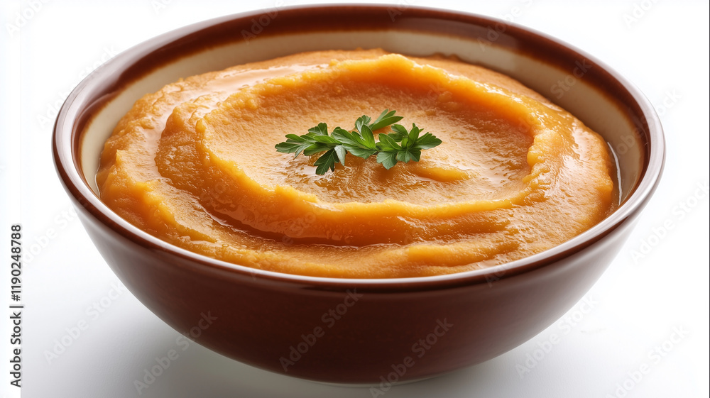 Delicious pumpkin cream soup in bowl on white background
Delicious pumpkin cream soup in bowl on white background