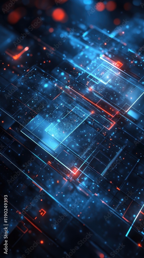 A dynamic tech background with overlapping translucent screens and glowing edges A dynamic tech background with overlapping translucent screens and glowing edges