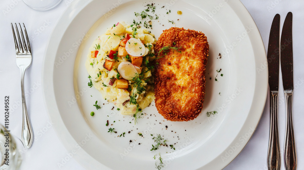 An Austrian schnitzel with breaded and fried veal cutlet, served with potato salad, showcasing the simplicity of Austrian cuisine. An Austrian schnitzel with breaded and fried veal cutlet, served with potato salad, showcasing the simplicity of Austrian cuisine.