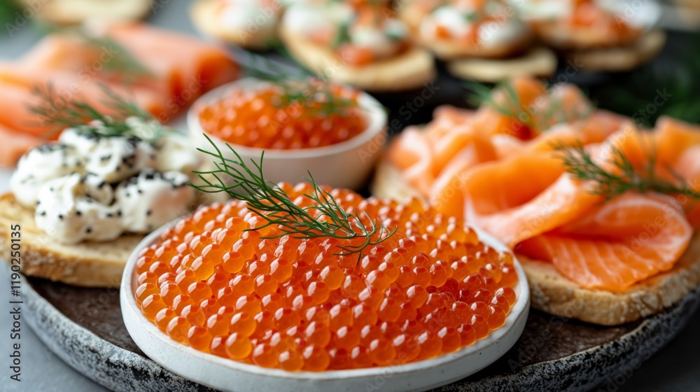 Elegant seafood platter featuring salmon and red caviar, garnished with fresh dill for a gourmet appeal. Elegant seafood platter featuring salmon and red caviar, garnished with fresh dill for a gourmet appeal.