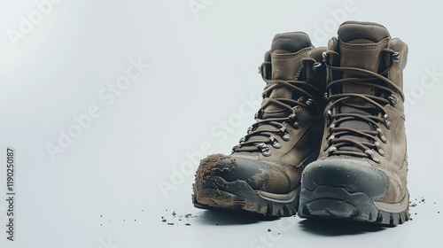 A pair of rugged hiking boots with dirt details, resting on a smooth white background.