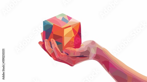 Female Hand Holding Futuristic Cube with Lines Artwork web flat mixed space design people poster    