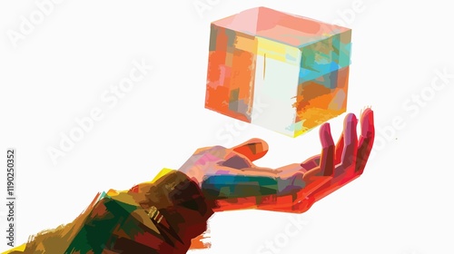 Cube Enclosed by Delicate Female Fingers 3D art box form hand line human shape space design modern  