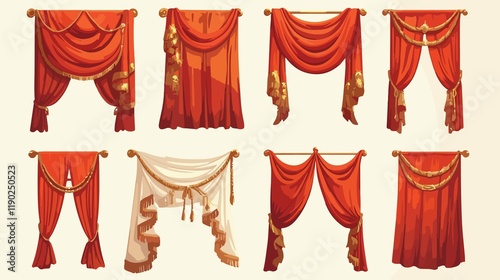Two Theatrical Curtains in Red and White home room wall frame stage style design fabric luxury ornate