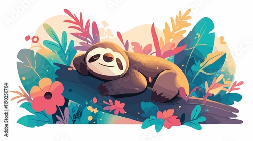 Enchanting Sloth Amidst a Thriving Garden's Embrace cute lush lazy tree calm flora fauna animal     