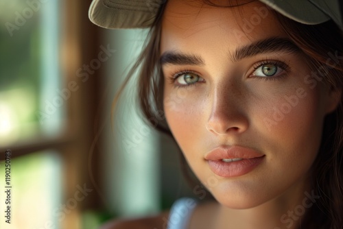 Close-up portrait in soft sunlight, highlighting natural beauty and green eyes. photo