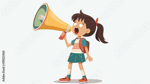 Schoolgirl in Uniform Using Megaphone to Announce Something 小学生 cute young 小学生制服 小学生情绪 joyful energy