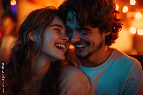 Laughter fills air as two lovers share joyful moment under soft
