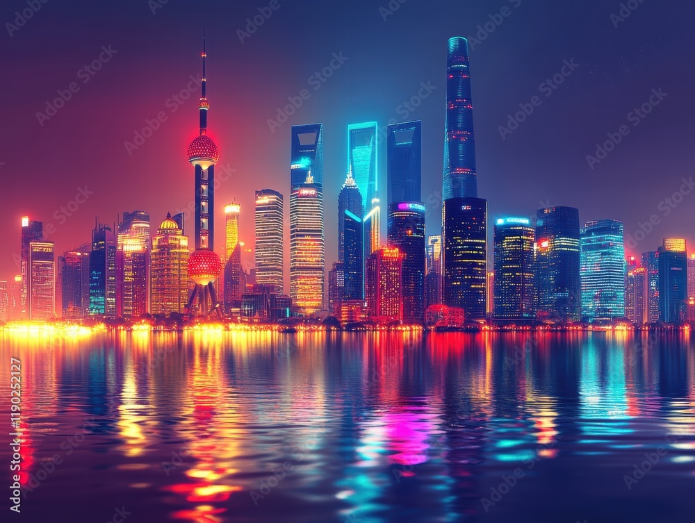 Fototapeta premium A glowing city skyline with neon lights and futuristic architectural shapes