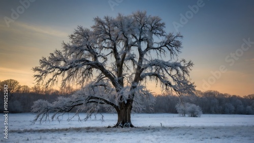 Silent Snowfall: Frosted American Chestnut in a Peaceful Winter Scene
