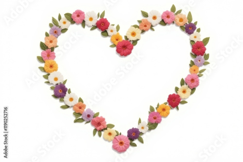 Heart-shaped wreaths of flowers arranged symmetrically on a white background.