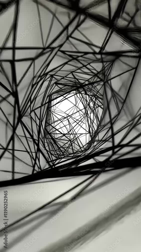 A complex black wireframe composition forming an abstract geometric tunnel against a minimalist white background. This dynamic design emphasizes depth, structure, and movement, creating a futuristic 