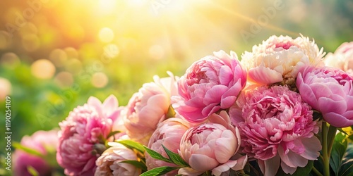 Fototapeta Naklejka Na Ścianę i Meble -  Beautiful peonies on paper background with warm sunlight filtering through the petals