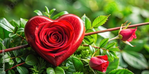 A close-up of a red heart-shaped rose with an arrow piercing through its center, surrounded by lush green leaves and stems , springtime bouquet, red heart rose photo