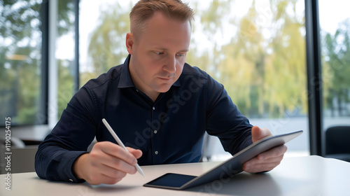 A businessman writes down ideas for a successful business plan photo