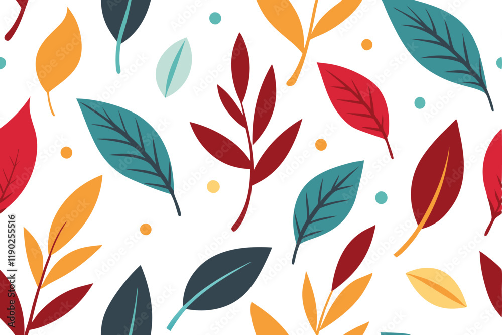 A seamless botanical pattern featuring colorful leaves in vibrant shades of green, orange, and turquoise. Perfect for nature-inspired graphic design, decor, and microstock use. A seamless botanical pattern featuring colorful leaves in vibrant shades of green, orange, and turquoise. Perfect for nature-inspired graphic design, decor, and microstock use.