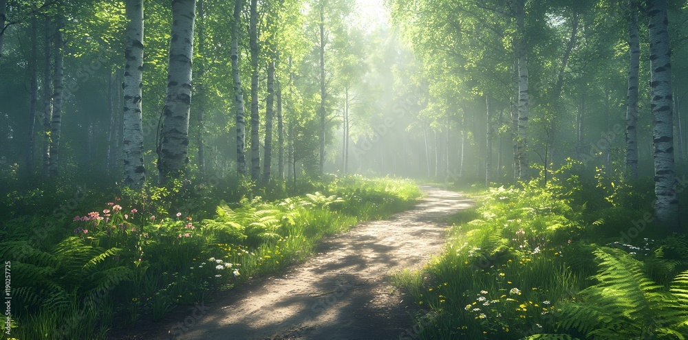 Obraz premium forest path bathed in sunlight with green ferns and wildflowers grow along the edges.