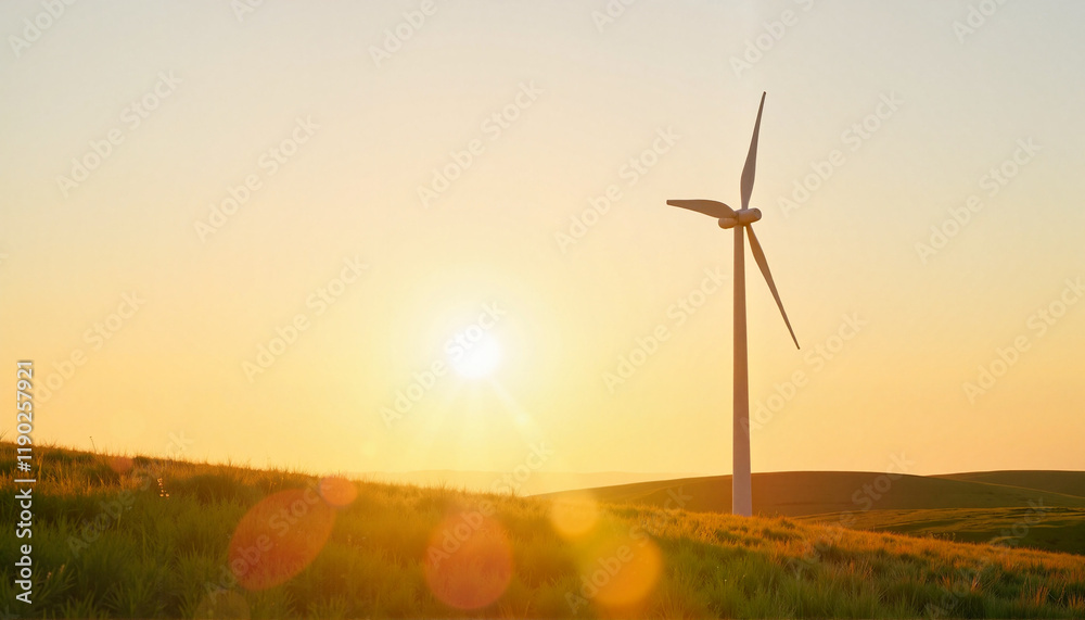 Obraz premium Modern wind turbine standing tall on grassy hill at sunset, Windmill Day