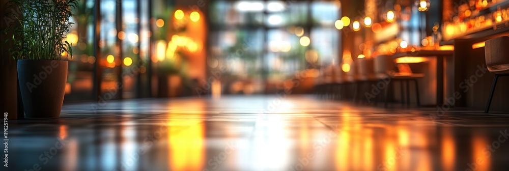A minimalistic abstract blurred background of a contemporary restaurant, with blurred lighting and soft reflections on the floor A minimalistic abstract blurred background of a contemporary restaurant, with blurred lighting and soft reflections on the floor