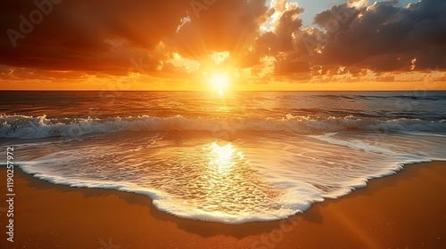Golden sunset over the ocean horizon seen from a sandy beach
