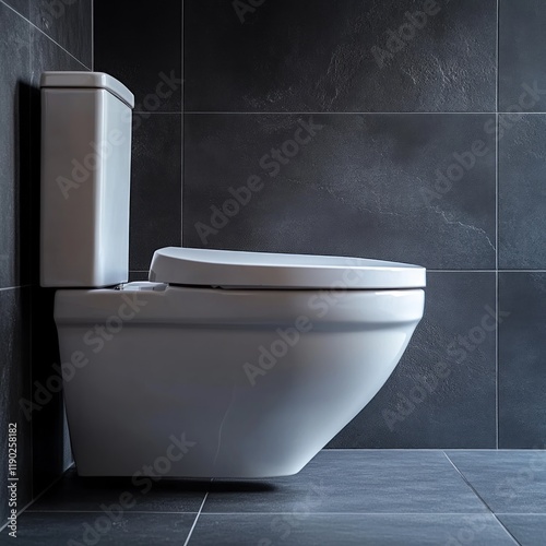 Modern white toilet against dark grey tiles. photo