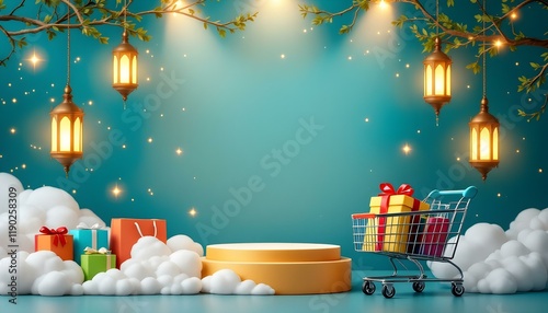 Ramadan sale poster with a vibrant background, Islamic patterns, hanging lanterns, clouds, podium, gift boxes, shopping cart, and bags. Festive, colorful, and eye-catching design for promotions. photo