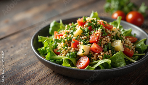 Vibrant tabbouleh salad with fresh ingredients on rustic table, healthy eating, National Salad Month.