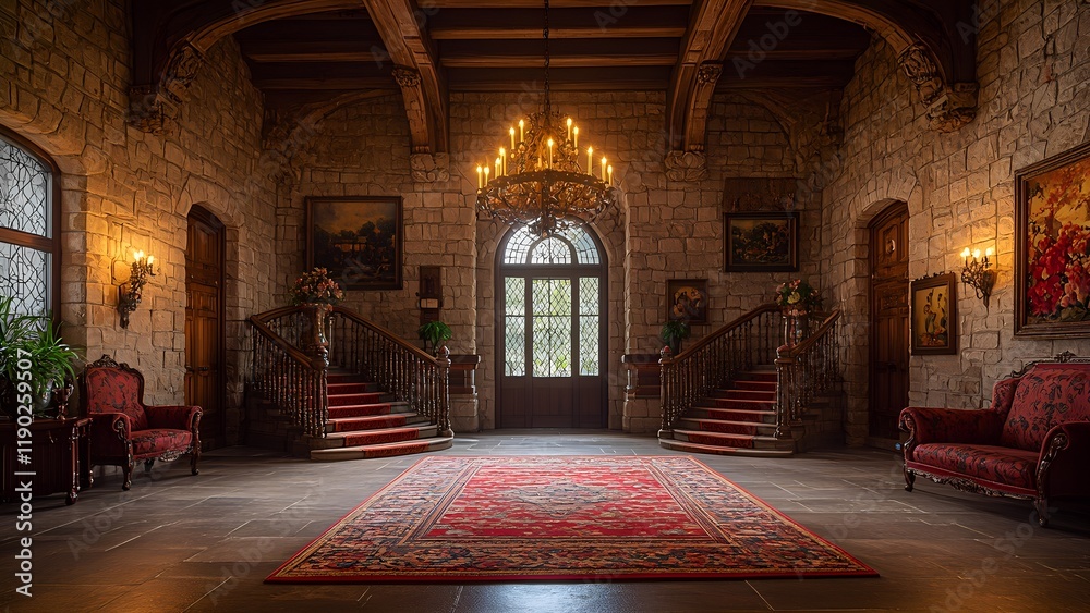 Obraz premium A lavish lobby inside a renovated castle, featuring grand chandeliers, ornate tapestries, and antique furniture, with stone walls and a sweeping staircase leading to the upper floors