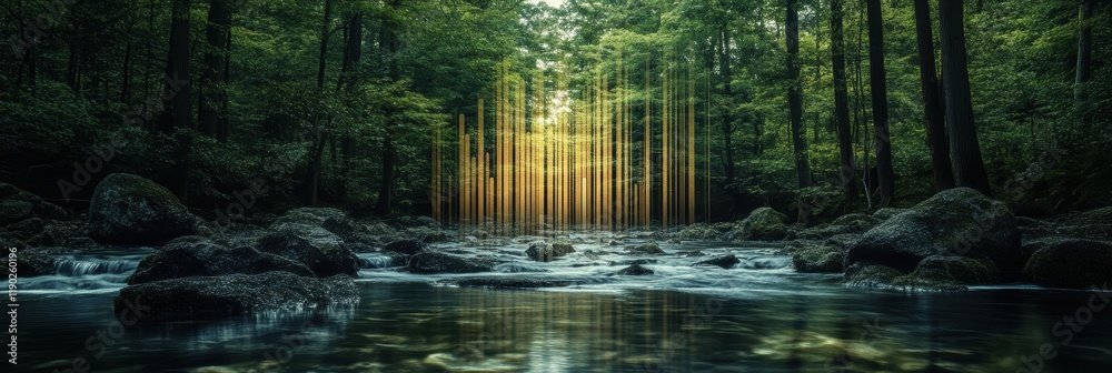 A nature-based abstract bar graph surrounded by forest trees and flowing water, with the bars symbolizing growth and natural energy A nature-based abstract bar graph surrounded by forest trees and flowing water, with the bars symbolizing growth and natural energy