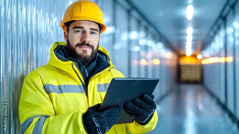 A man in a yellow jacket is holding a tablet A man in a yellow jacket is holding a tablet