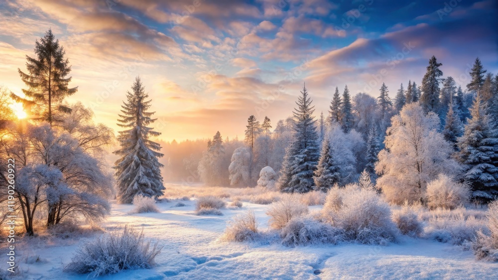 Frosty forest landscape at dawn, cold, winter wonderland , cold, winter wonderland , mountains, isolated, trees Frosty forest landscape at dawn, cold, winter wonderland , cold, winter wonderland , mountains, isolated, trees