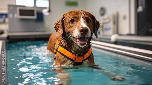 A happy dog wearing an orange life jacket participates in a hydrotherapy session in a specialized indoor facility.
