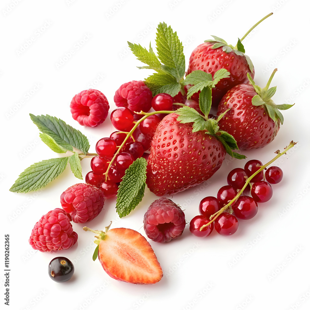Assorted fresh berry mix featuring raspberries, strawberries, and currants on a white background Assorted fresh berry mix featuring raspberries, strawberries, and currants on a white background