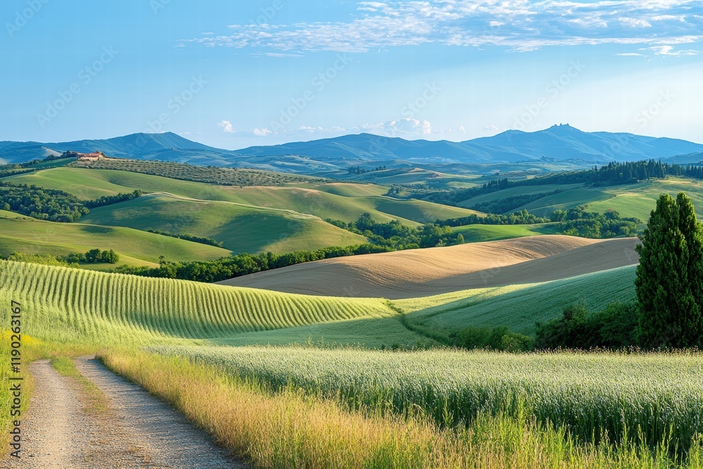 Naklejka premium A peaceful countryside landscape with rolling hills and a clear blue sky